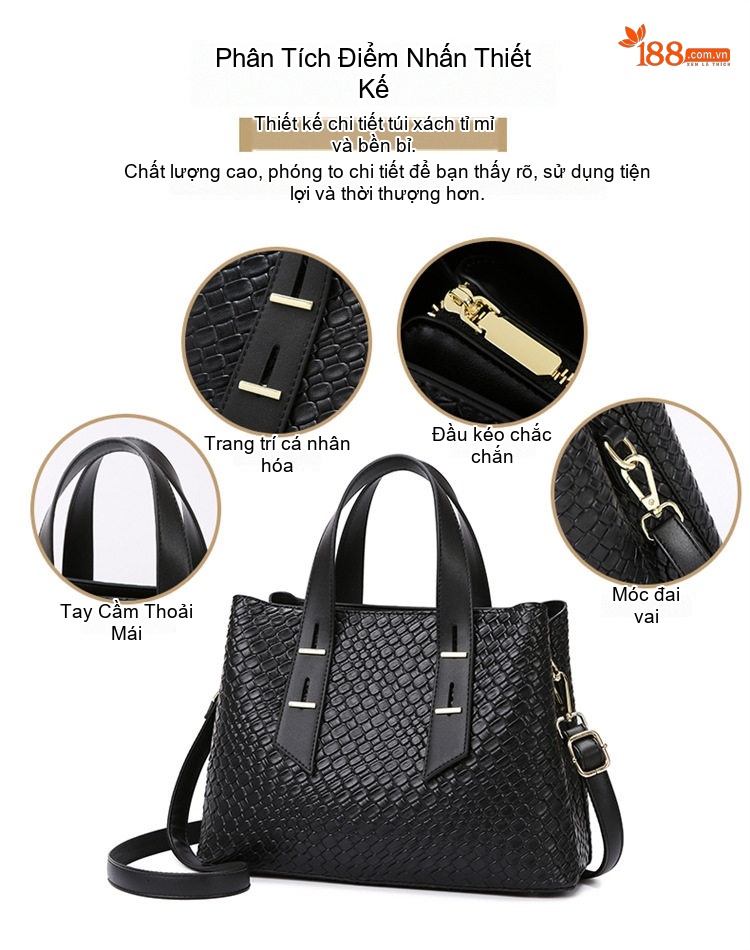 Túi Tote Nữ Bề Mặt Đan Viền Da Công Sở Cao Cấp Màu Đen chi tiết 3