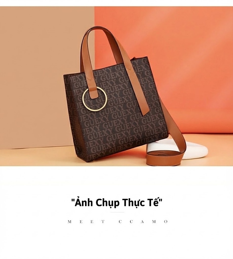 Túi Tote Nữ Bề Mặt Họa Tiết Chữ Lớn, Túi Đeo Vai, Túi Xách Tay Màu Nâu, Be chi tiết 7