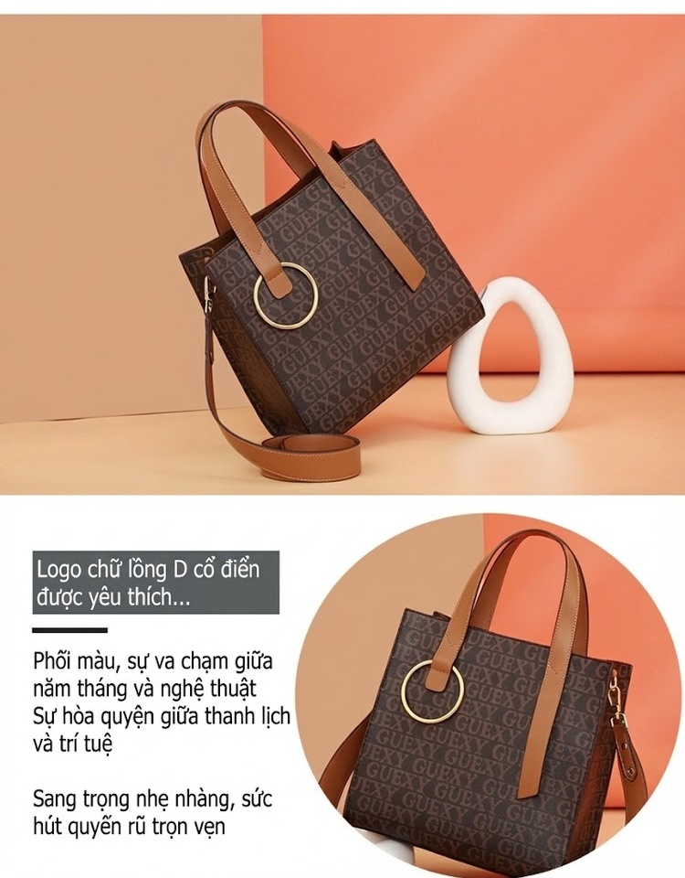 Túi Tote Nữ Bề Mặt Họa Tiết Chữ Lớn, Túi Đeo Vai, Túi Xách Tay Màu Nâu, Be chi tiết 6