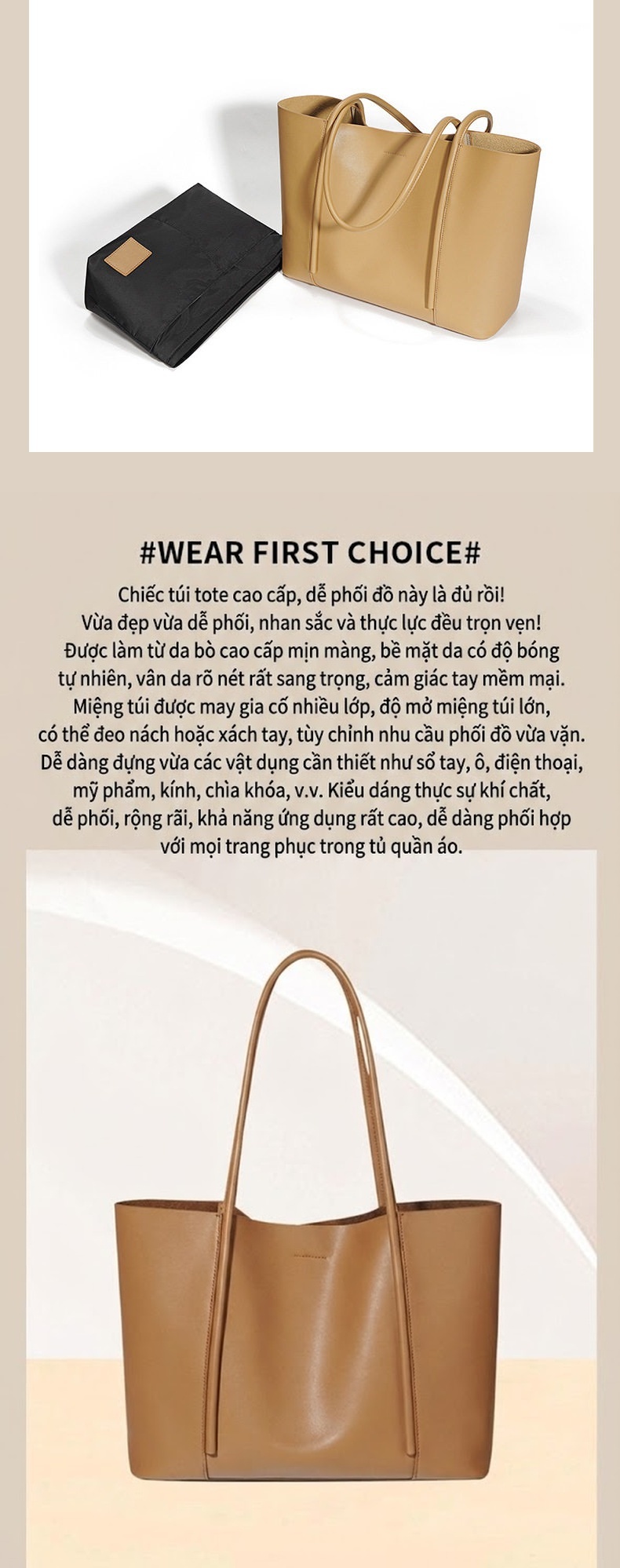 Túi Tote Nữ Da Bò Cao Cấp Dáng Đứng Đeo Vai Công Sở Màu Nâu chi tiết 6