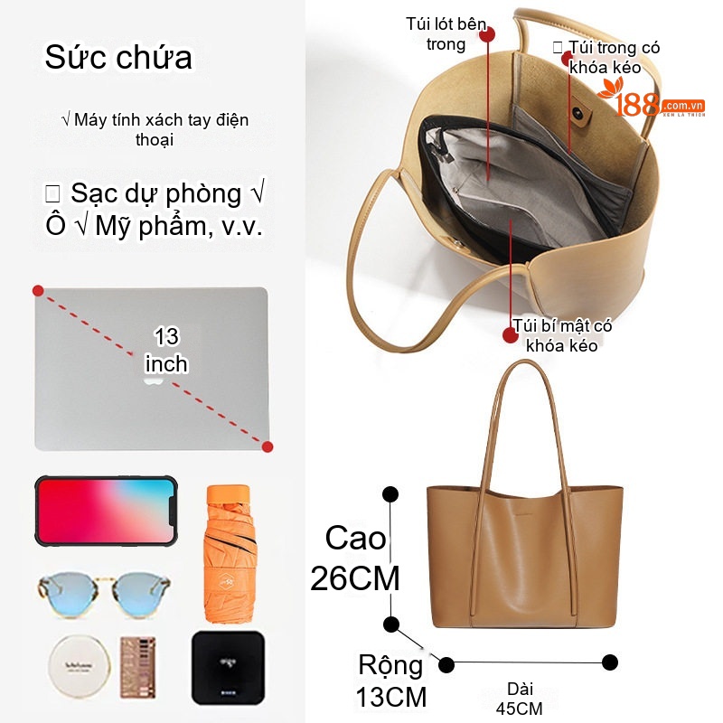 Túi Tote Nữ Da Bò Cao Cấp Dáng Đứng Đeo Vai Công Sở Màu Nâu