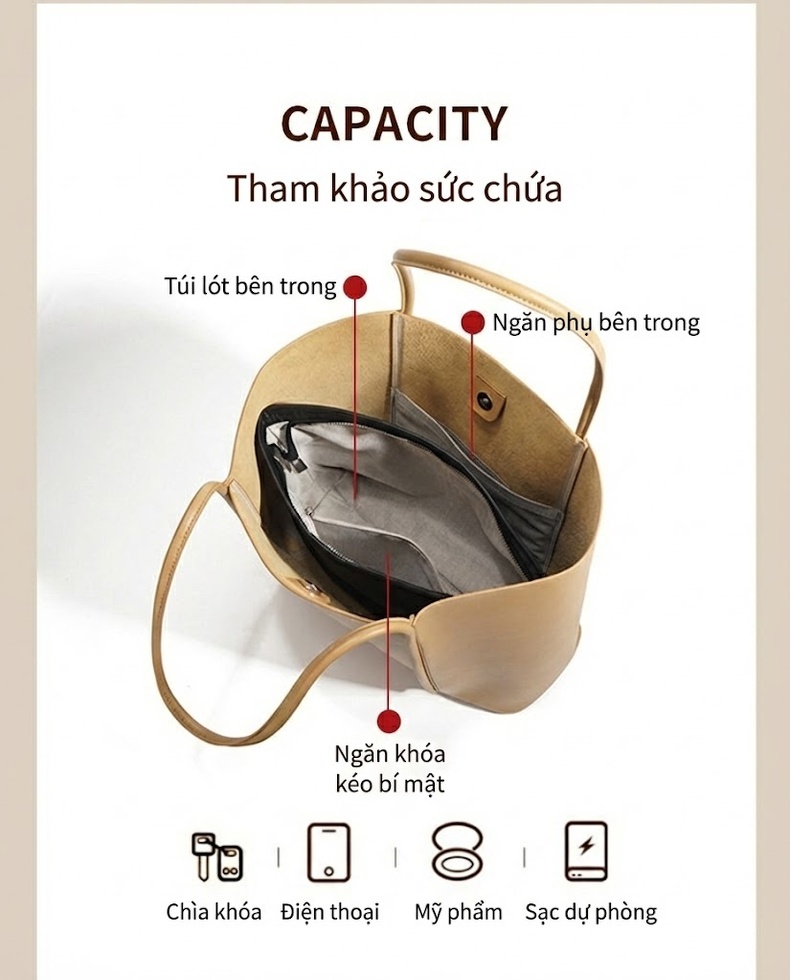 Túi Tote Nữ Da Bò Cao Cấp Dáng Đứng Đeo Vai Công Sở Màu Nâu chi tiết 5