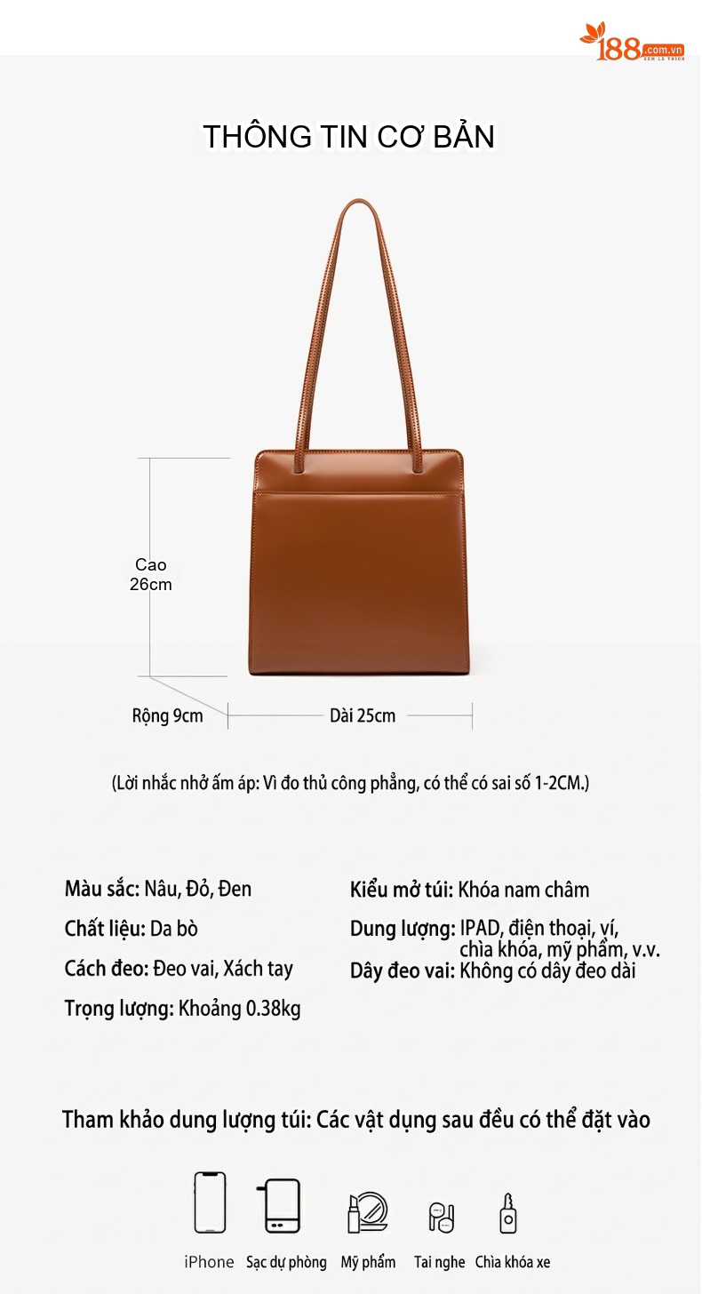 Túi Tote Nữ Da Bò Cao Cấp Dáng Vuông Phong Cách Retro Màu Đen, Nâu, Đỏ chi tiết 14