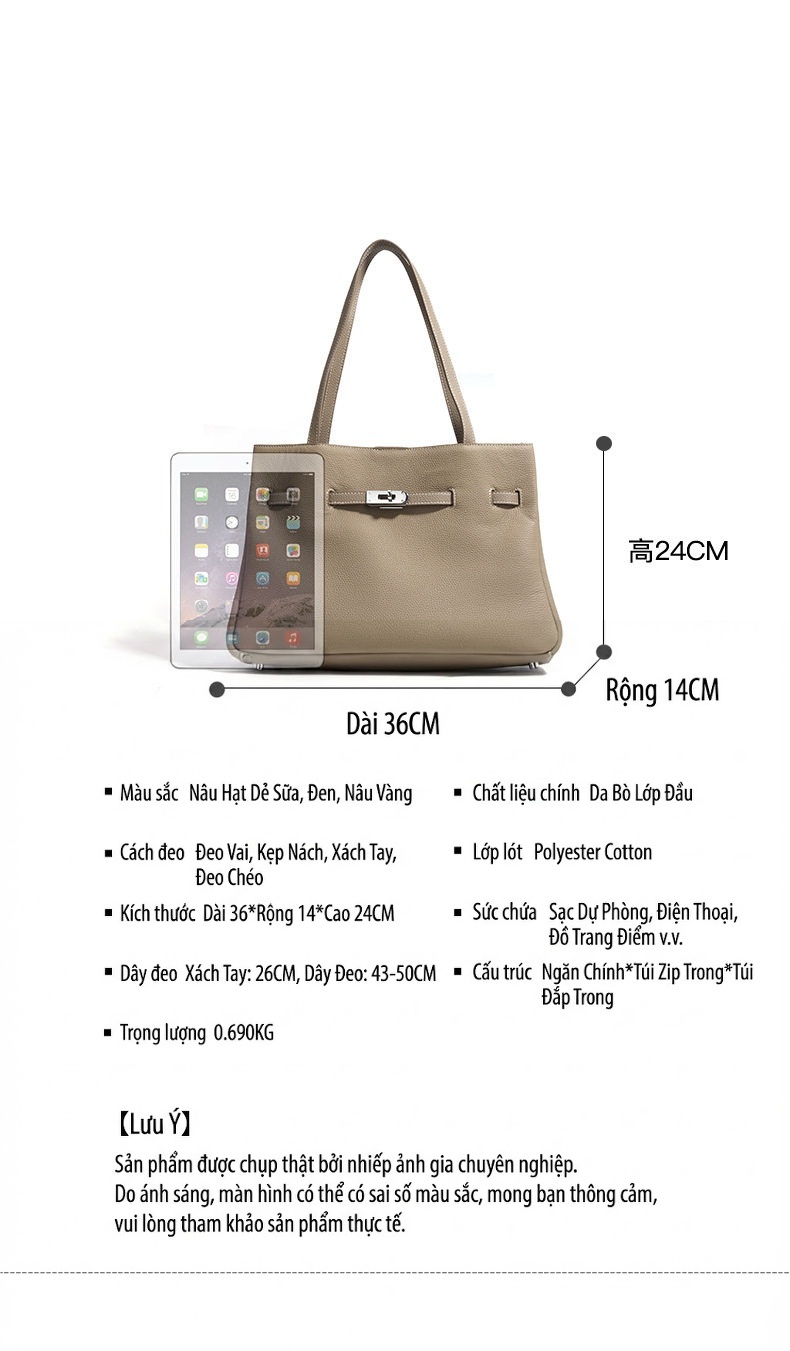 Túi Tote Nữ Da Bò Cao Cấp Form Lớn Đeo Vai, Đeo Chéo Màu Nâu, Xám, Đen chi tiết 7