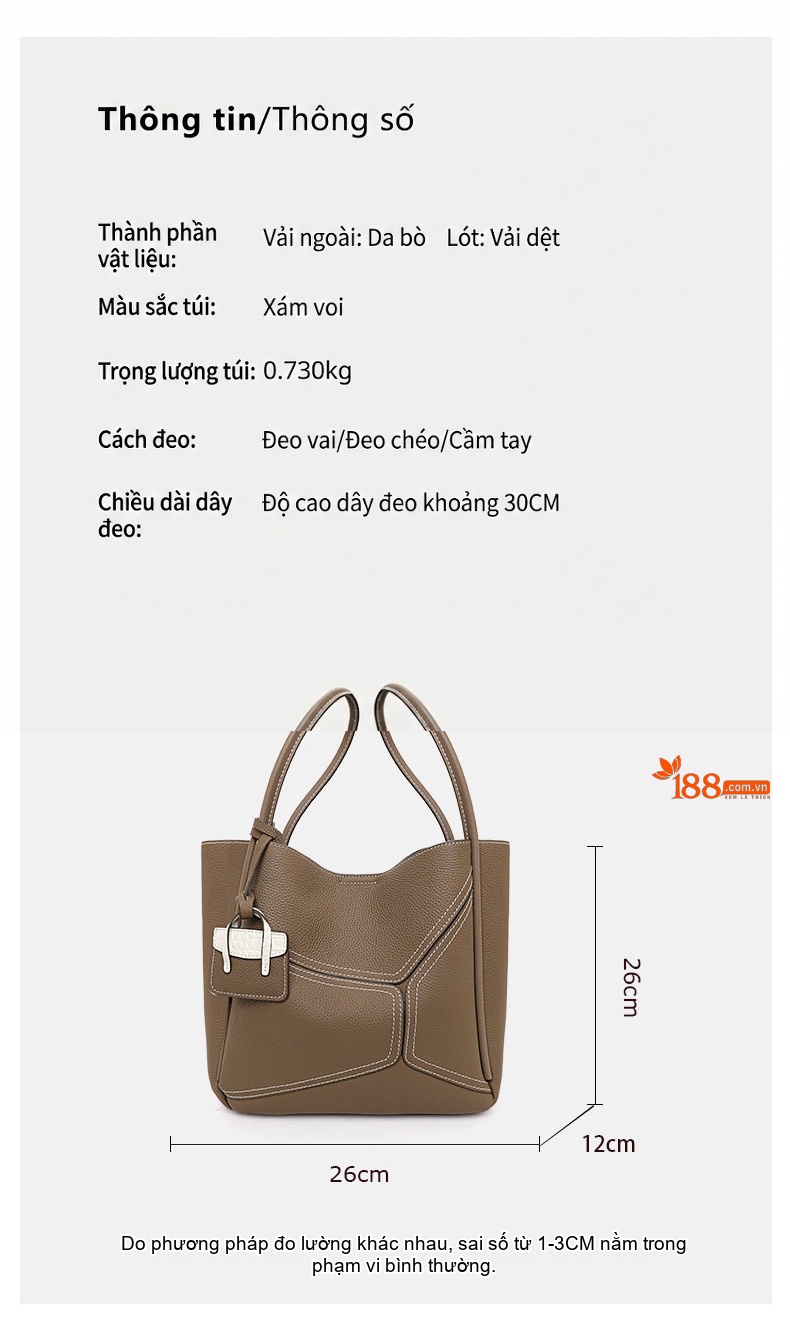 Túi Tote Nữ Da Bò Cao Cấp Phong Cách Công Sở Màu Xám Voi chi tiết 3