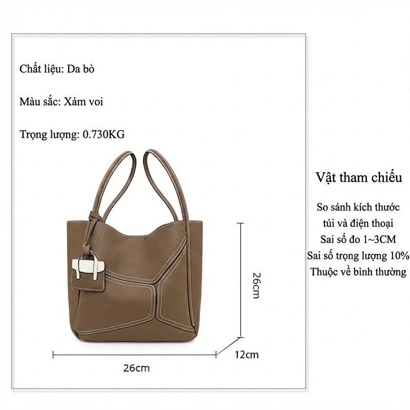 Túi Tote Nữ Da Bò Cao Cấp Phong Cách Công Sở Màu Xám Voi