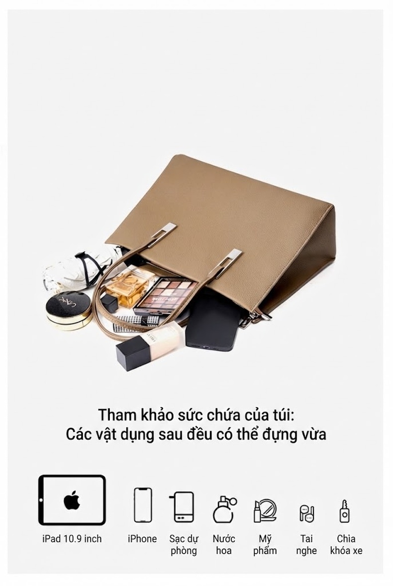 Túi Tote Nữ Da Bò Công Sở Đựng Laptop Khổ Lớn Màu Xám chi tiết 9