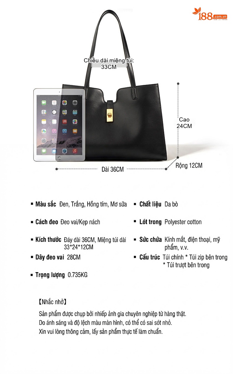 Túi Tote Nữ Da Bò Công Sở Đựng Tài Liệu Khổ Lớn Màu Đen, Kem chi tiết 5