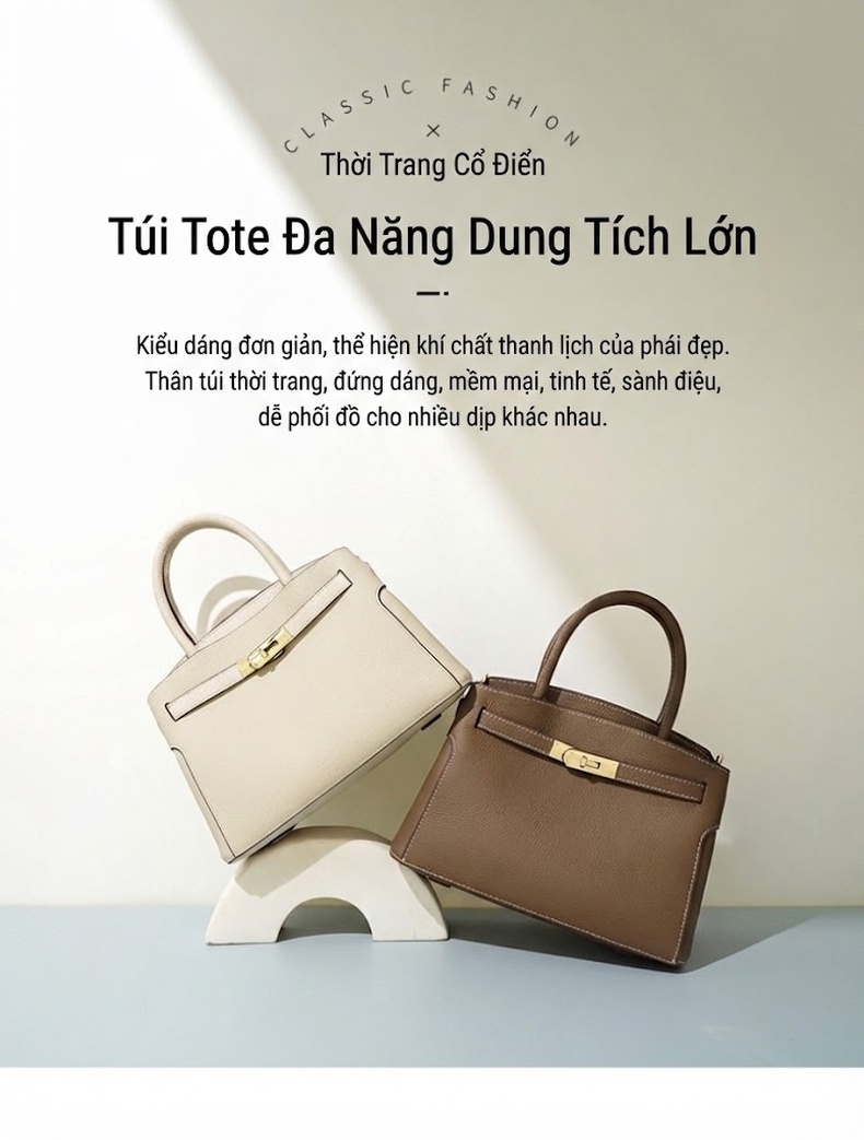 Túi Tote Nữ Da Bò Công Sở Đựng Tài Liệu Kiểu Kelly Màu Kem, Nâu, Đen chi tiết 1