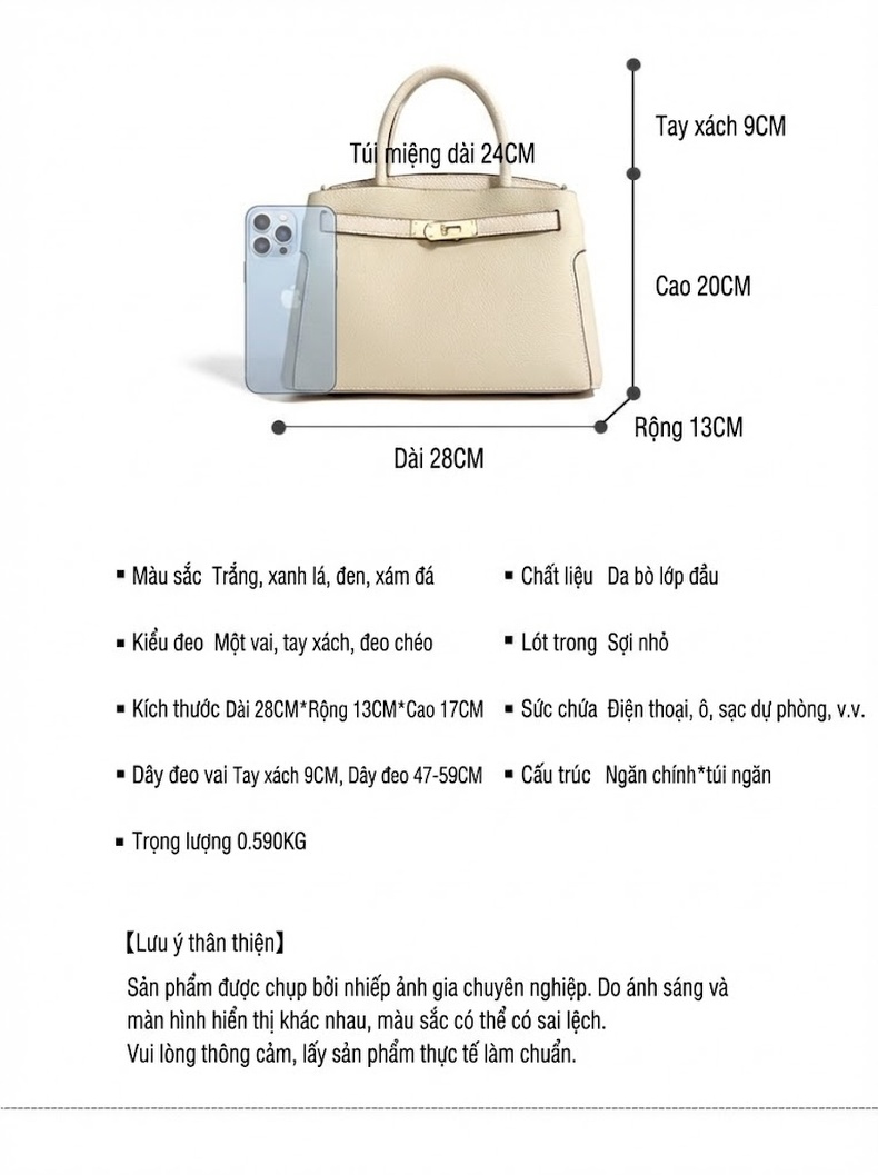 Túi Tote Nữ Da Bò Công Sở Đựng Tài Liệu Kiểu Kelly Màu Kem, Nâu, Đen chi tiết 8