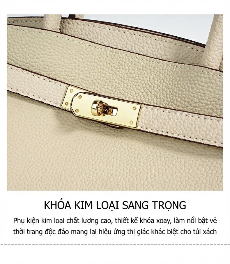 Túi Tote Nữ Da Bò Công Sở Đựng Tài Liệu Kiểu Kelly Màu Kem, Nâu, Đen chi tiết 13