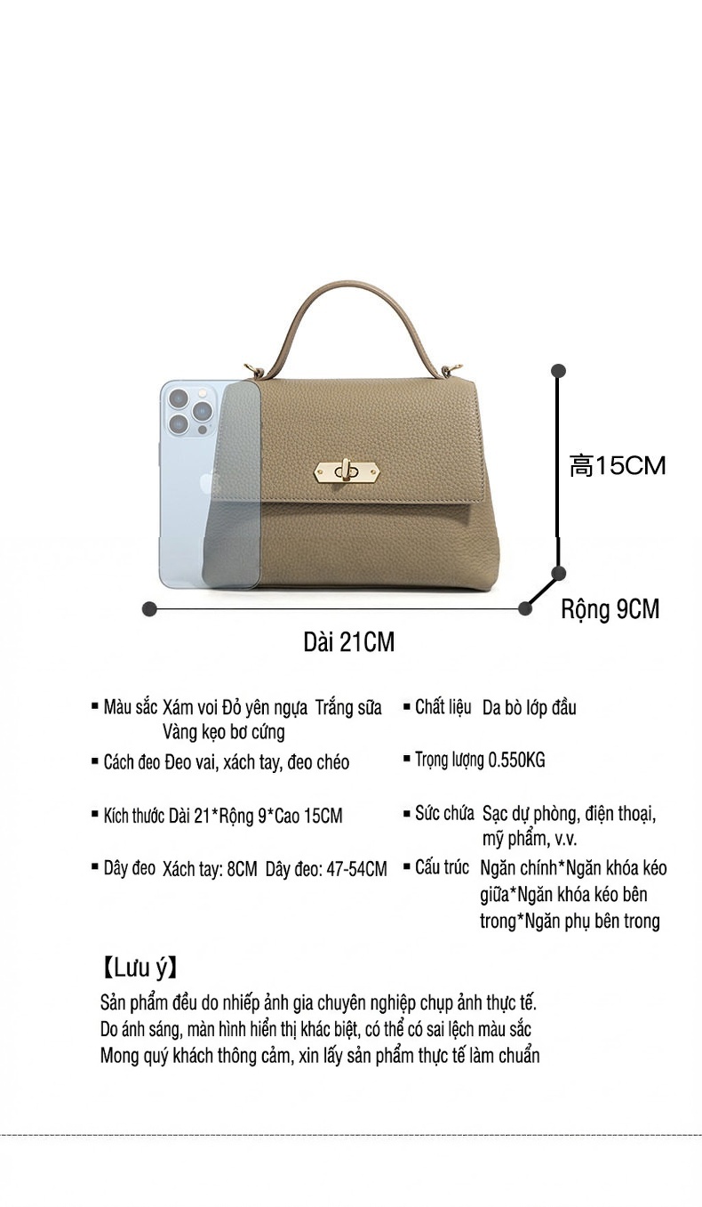 Túi Tote Nữ Da Bò Công Sở Size Lớn Đeo Vai, Đeo Chéo Màu Nâu, Xám chi tiết 6