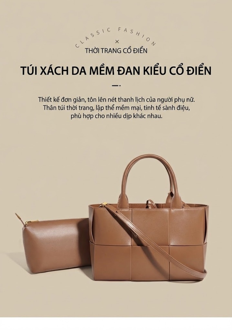 Túi Tote Nữ Da Bò Đan Dây Kiểu Dáng Đơn Giản Màu Nâu chi tiết 2