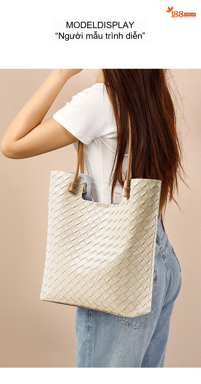 Túi Tote Nữ Da Bò Đan Dây Sức Chứa Lớn Cao Cấp Màu Đen, Kem chi tiết 13