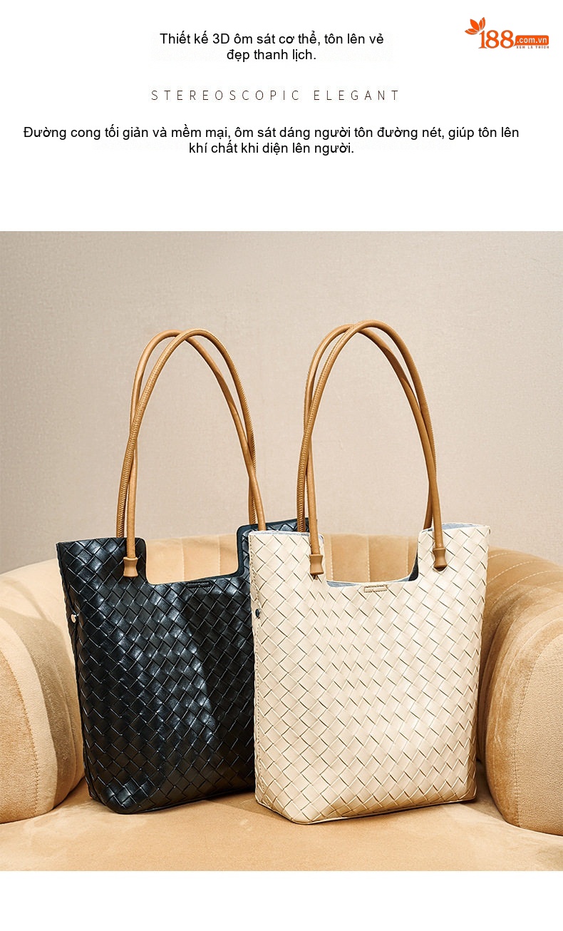 Túi Tote Nữ Da Bò Đan Dây Sức Chứa Lớn Cao Cấp Màu Đen, Kem chi tiết 15