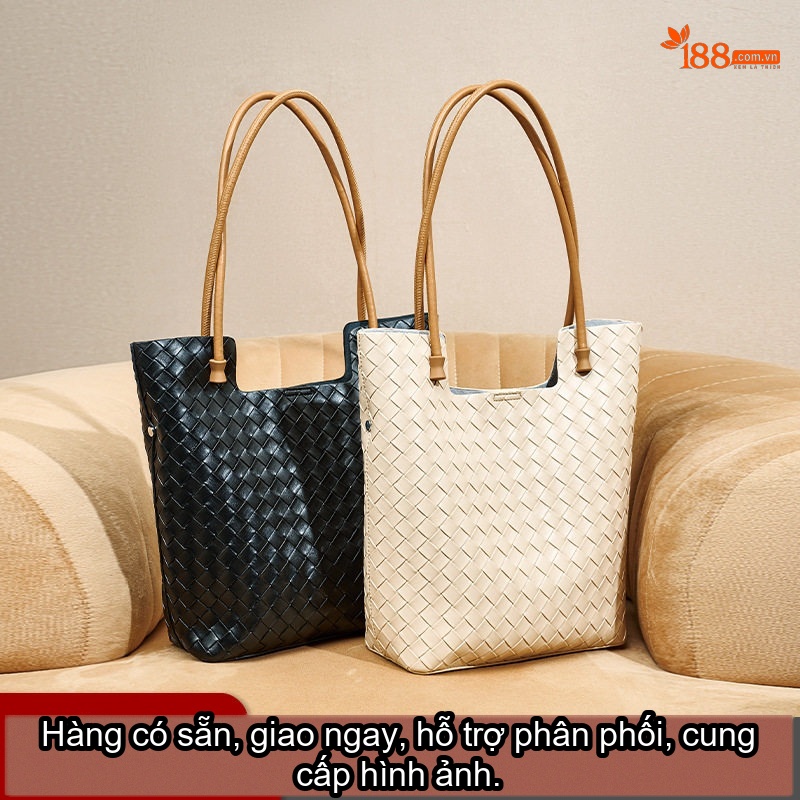 Túi Tote Nữ Da Bò Đan Dây Sức Chứa Lớn Cao Cấp Màu Đen, Kem