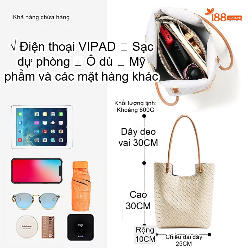 Túi Tote Nữ Da Bò Đan Dây Sức Chứa Lớn Cao Cấp Màu Đen, Kem