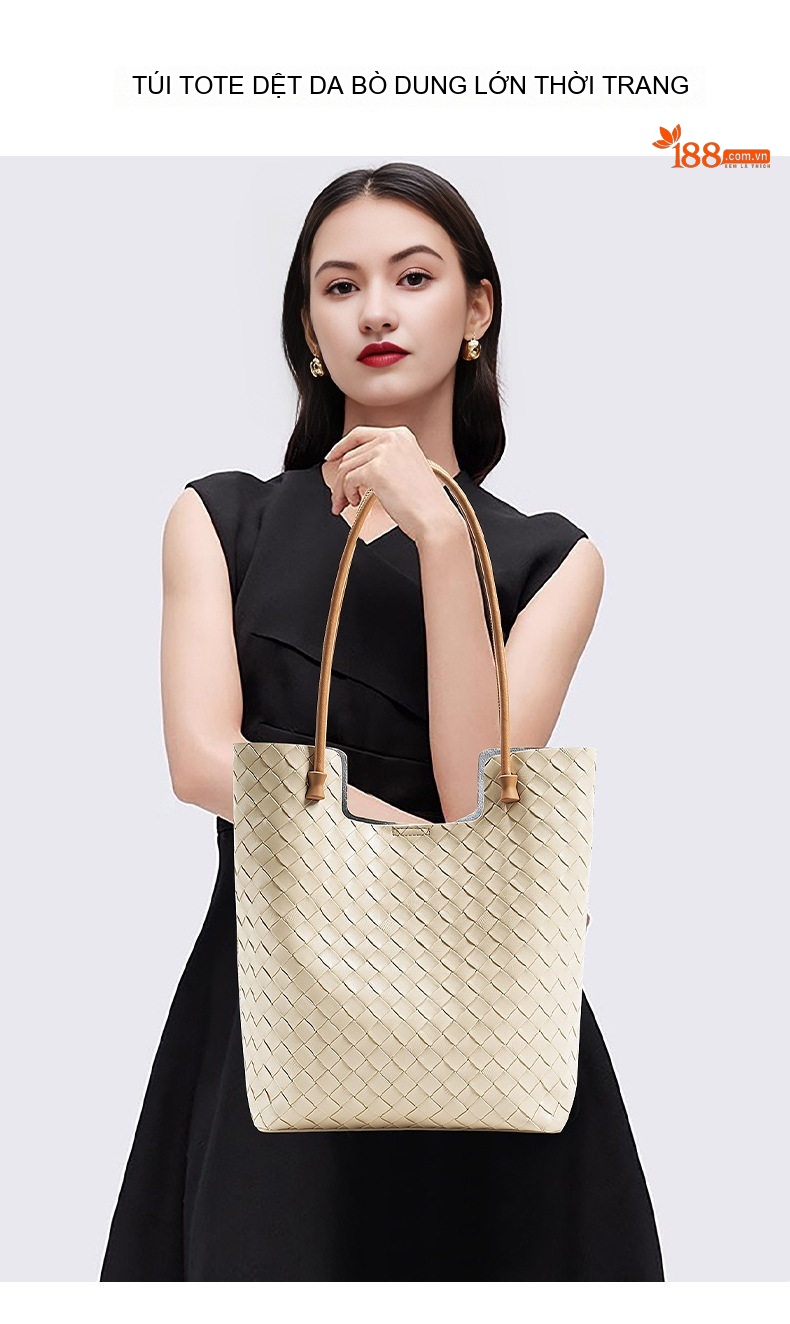 Túi Tote Nữ Da Bò Đan Dây Sức Chứa Lớn Cao Cấp Màu Đen, Kem chi tiết 2