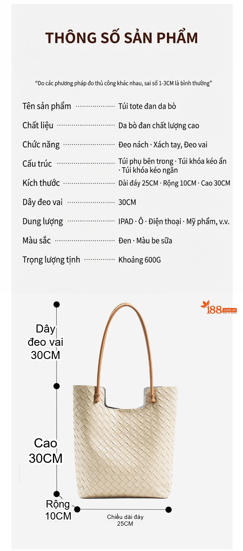 Túi Tote Nữ Da Bò Đan Dây Sức Chứa Lớn Cao Cấp Màu Đen, Kem chi tiết 4