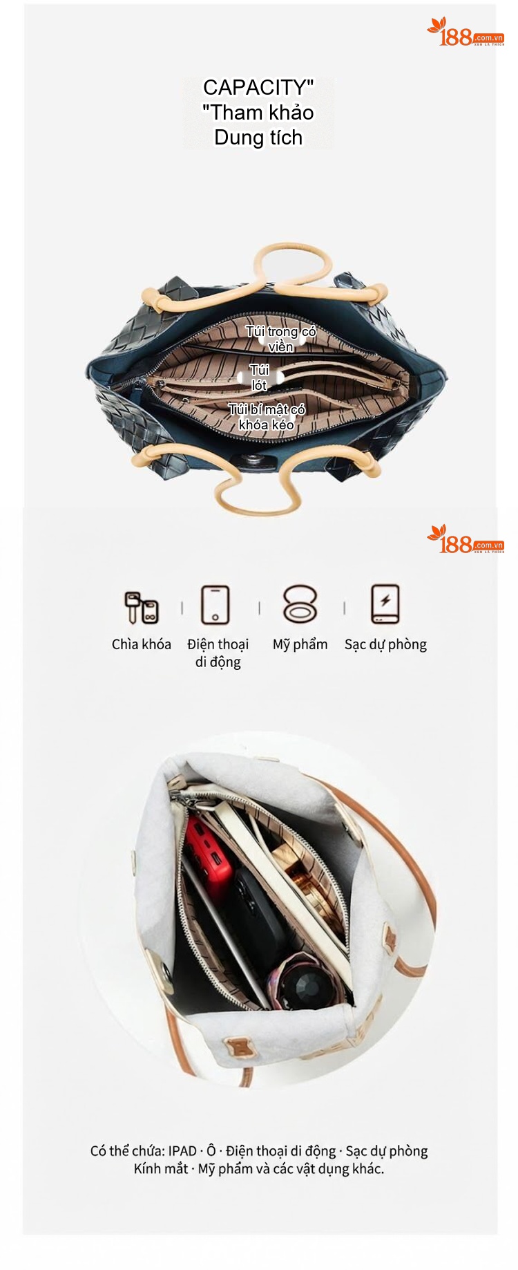 Túi Tote Nữ Da Bò Đan Dây Sức Chứa Lớn Cao Cấp Màu Đen, Kem chi tiết 5