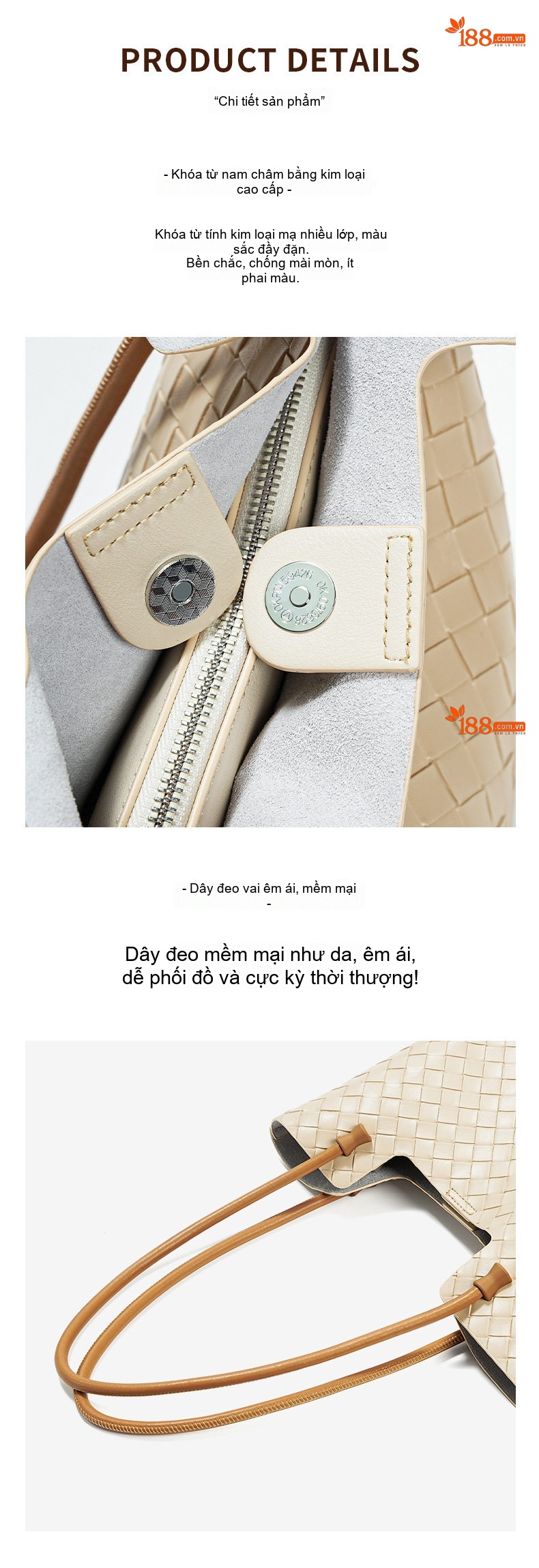 Túi Tote Nữ Da Bò Đan Dây Sức Chứa Lớn Cao Cấp Màu Đen, Kem chi tiết 18