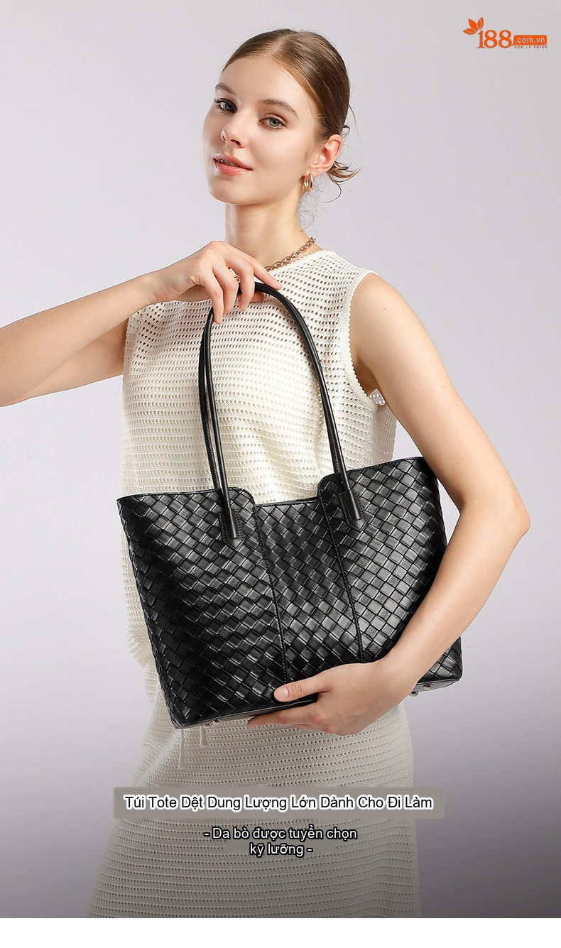 Túi Tote Nữ Da Bò Đan Dây Sức Chứa Lớn Đựng Vừa A4 Phong Cách Tối Giản Màu Đen chi tiết 1