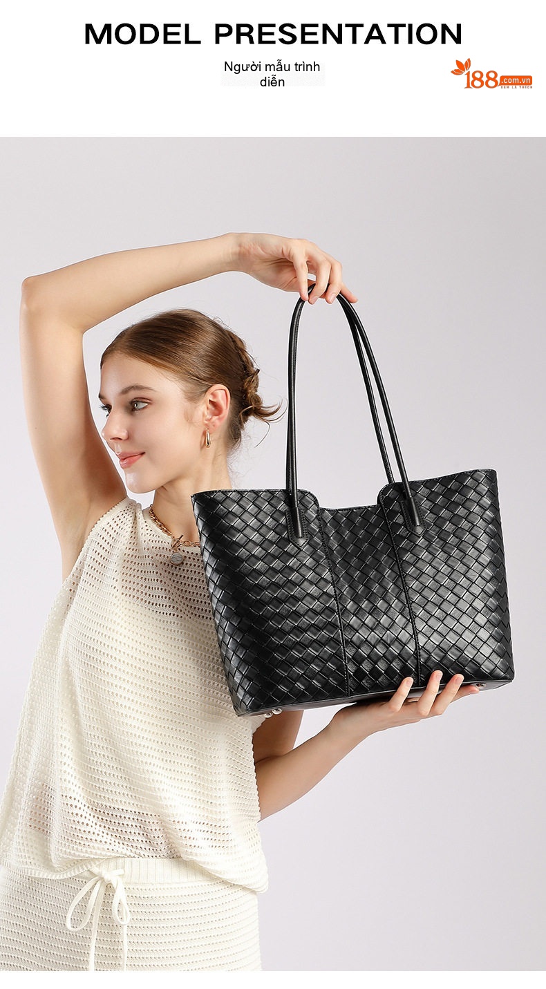 Túi Tote Nữ Da Bò Đan Dây Sức Chứa Lớn Đựng Vừa A4 Phong Cách Tối Giản Màu Đen chi tiết 9