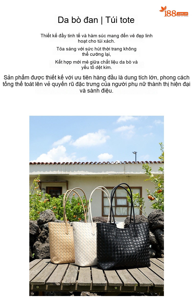 Túi Tote Nữ Da Bò Đan Dây Sức Chứa Lớn Đựng Vừa A4 Phong Cách Tối Giản Màu Đen chi tiết 2