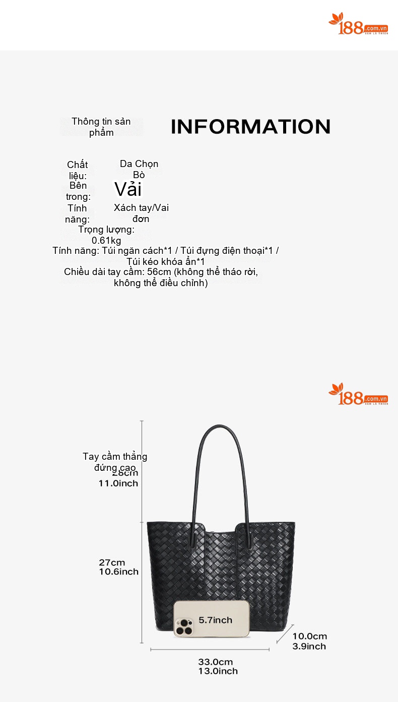 Túi Tote Nữ Da Bò Đan Dây Sức Chứa Lớn Đựng Vừa A4 Phong Cách Tối Giản Màu Đen chi tiết 6