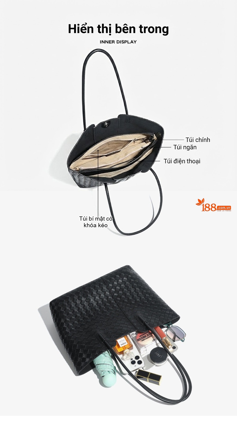 Túi Tote Nữ Da Bò Đan Dây Sức Chứa Lớn Đựng Vừa A4 Phong Cách Tối Giản Màu Đen chi tiết 8