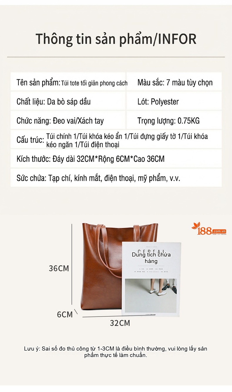 Túi Tote Nữ Da Bò Dáng Đứng Cỡ Lớn Phong Cách Retro Màu Nâu chi tiết 27