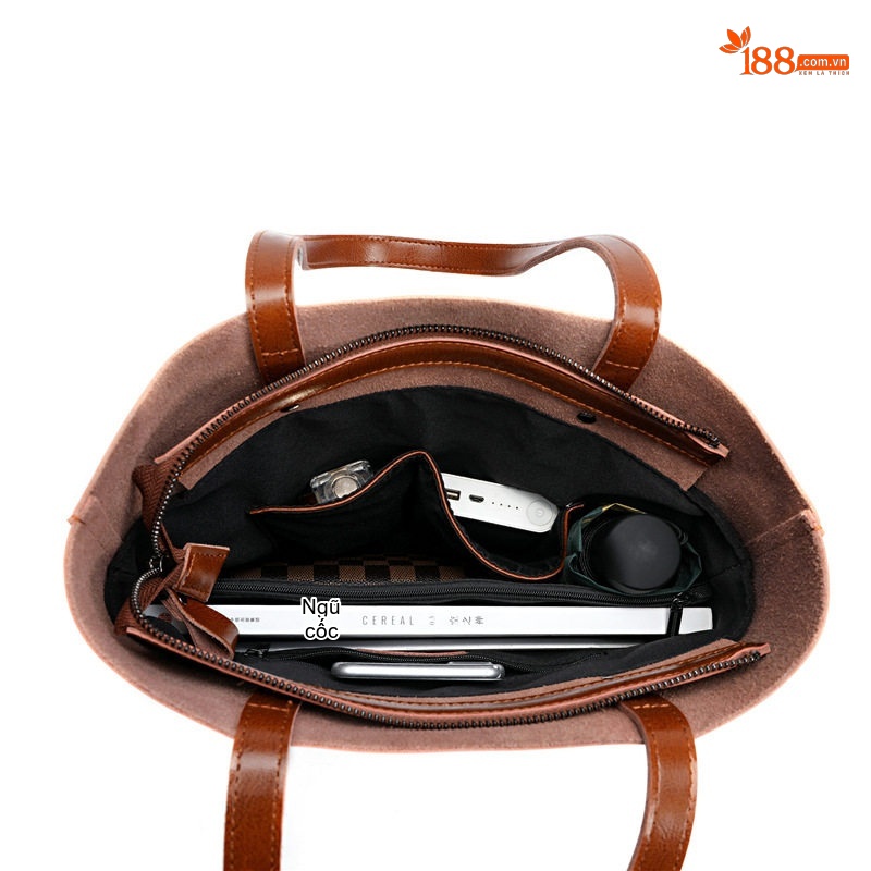 Túi Tote Nữ Da Bò Dáng Đứng Cỡ Lớn Phong Cách Retro Màu Nâu