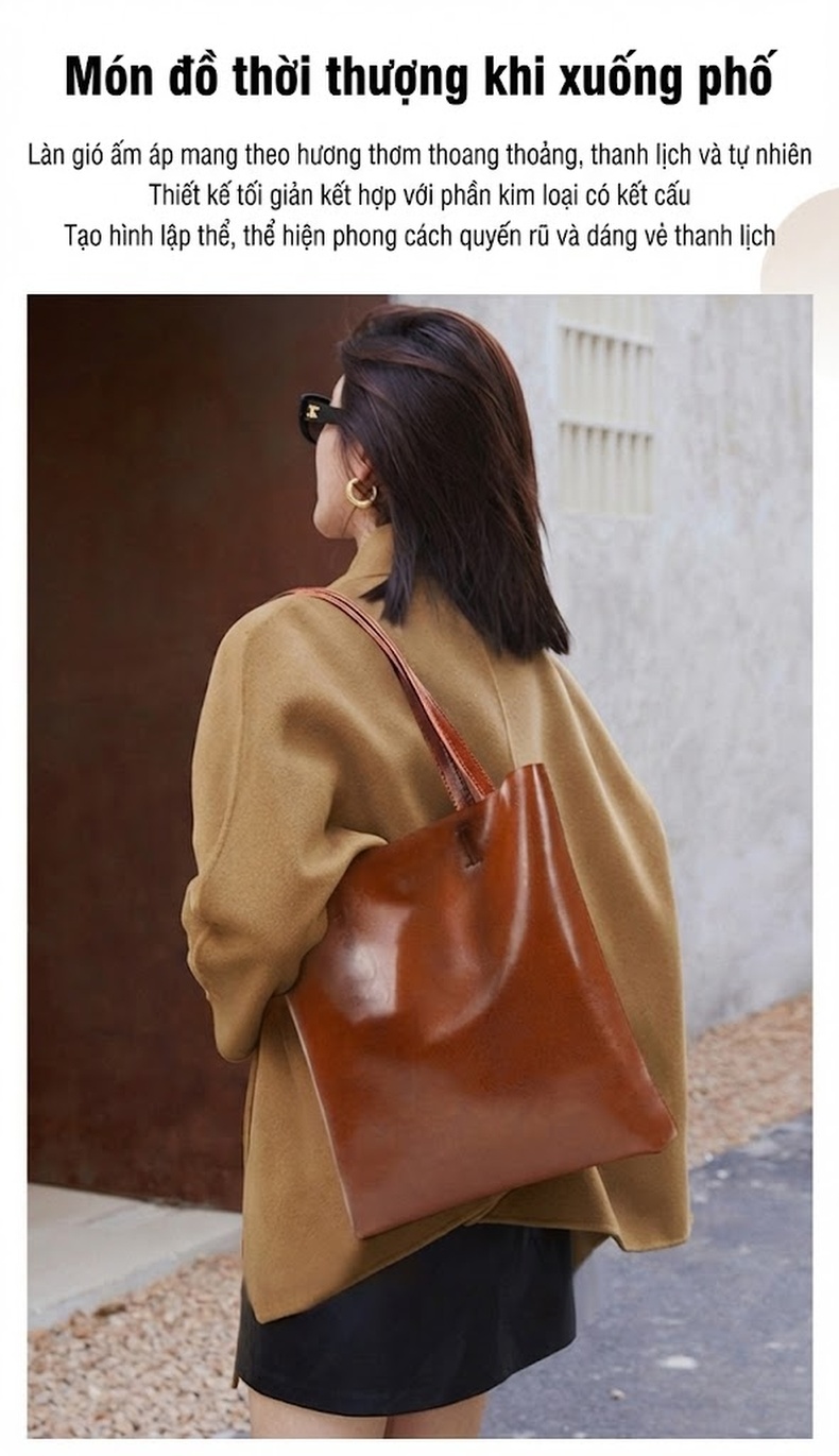 Túi Tote Nữ Da Bò Dáng Đứng Cỡ Lớn Phong Cách Retro Màu Nâu chi tiết 24