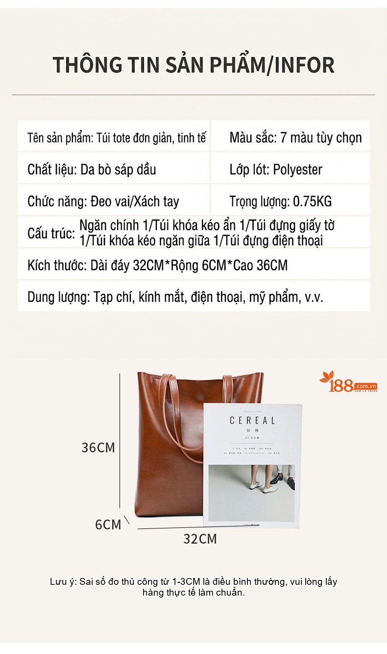 Túi Tote Nữ Da Bò Dáng Đứng Sức Chứa Lớn Đeo Vai Một Bên Màu Nâu chi tiết 15