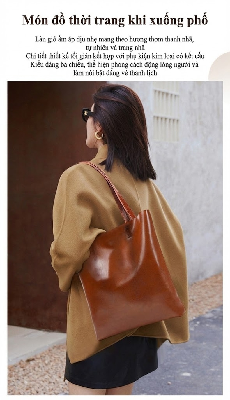 Túi Tote Nữ Da Bò Dáng Đứng Sức Chứa Lớn Đeo Vai Một Bên Màu Nâu chi tiết 12