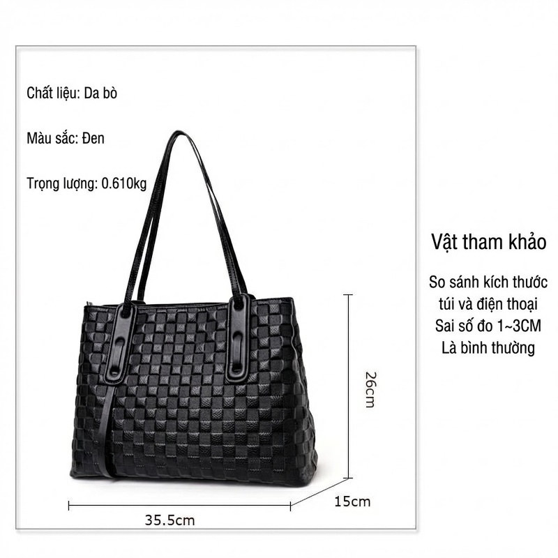 Túi Tote Nữ Da Bò Dập Vân Ô Vuông Đựng Vừa A4 Công Sở Thời Trang Màu Đen