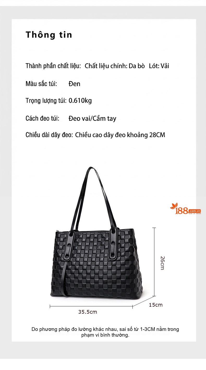 Túi Tote Nữ Da Bò Dập Vân Ô Vuông Đựng Vừa A4 Công Sở Thời Trang Màu Đen chi tiết 4