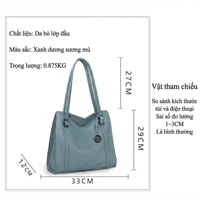 Túi Tote Nữ Da Bò Đeo Vai Công Sở Phong Cách Thời Trang Màu Xanh Lam Khói