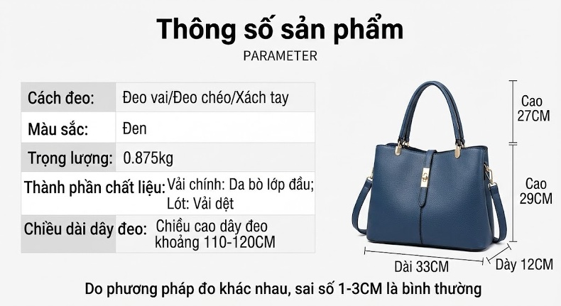 Túi Tote Nữ Da Bò Đeo Vai Công Sở Phong Cách Thời Trang Màu Xanh Lam Khói chi tiết 5