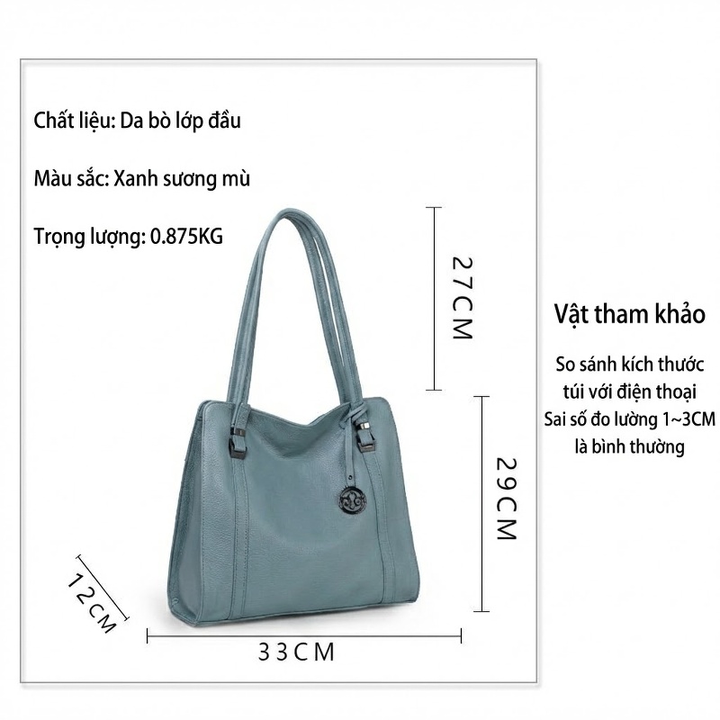 Túi Tote Nữ Da Bò Đeo Vai Công Sở Phong Cách Thời Trang Màu Xanh Lam Khói chi tiết 20