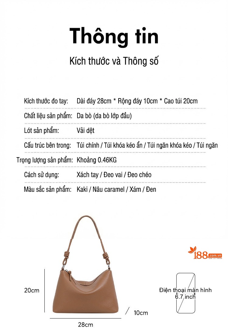 Túi Tote Nữ Da Bò Đeo Vai/Đeo Chéo Dáng Túi Gối/Túi Bánh Mỳ Màu Nâu chi tiết 3