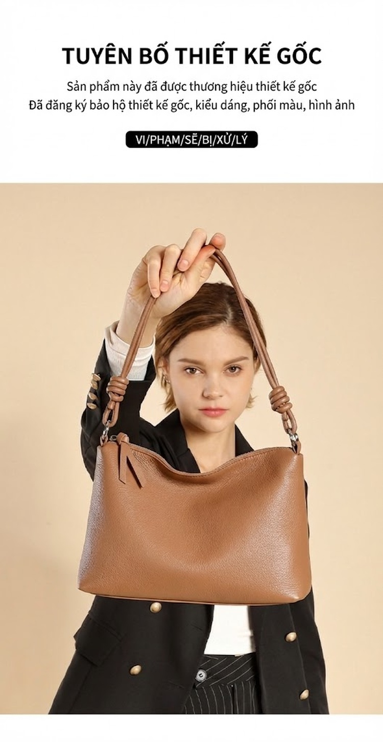 Túi Tote Nữ Da Bò Đeo Vai/Đeo Chéo Dáng Túi Gối/Túi Bánh Mỳ Màu Nâu chi tiết 1