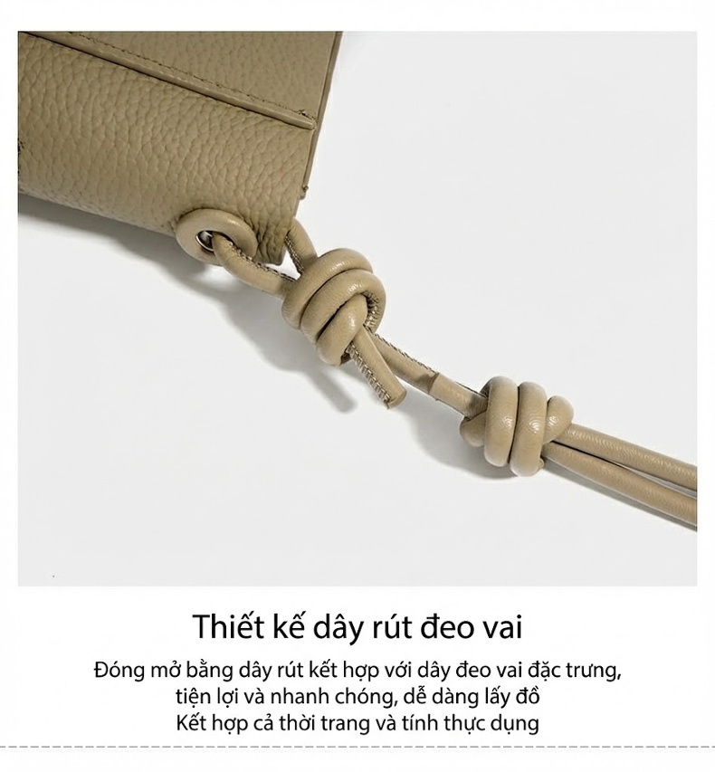 Túi Tote Nữ Da Bò Đeo Vai Đeo Chéo Dây Rút Điều Chỉnh Màu Kem, Xanh Lá, Tím, Nâu chi tiết 11