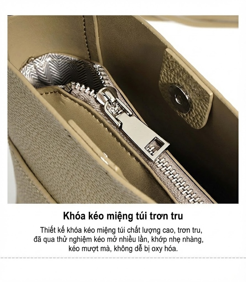 Túi Tote Nữ Da Bò Đeo Vai Đeo Chéo Dây Rút Điều Chỉnh Màu Kem, Xanh Lá, Tím, Nâu chi tiết 12