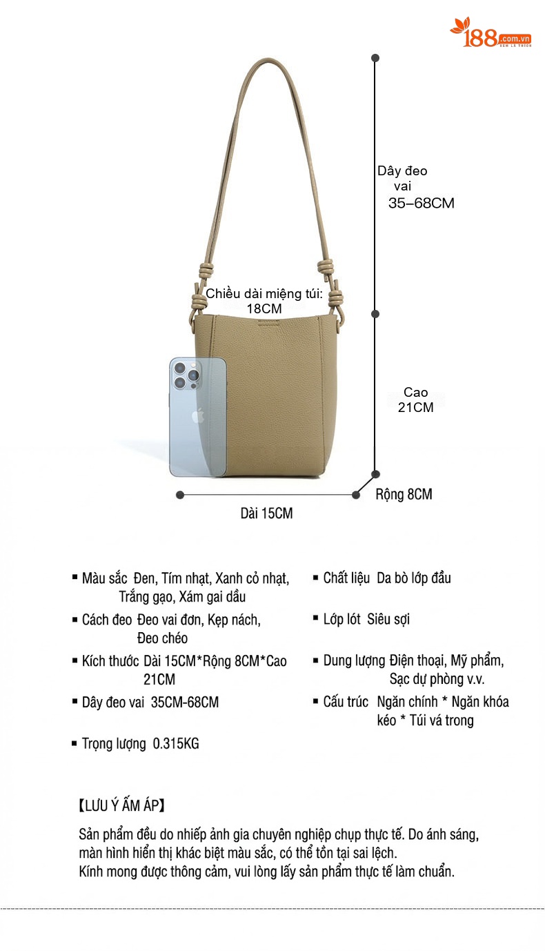 Túi Tote Nữ Da Bò Đeo Vai Đeo Chéo Dây Rút Điều Chỉnh Màu Kem, Xanh Lá, Tím, Nâu chi tiết 7