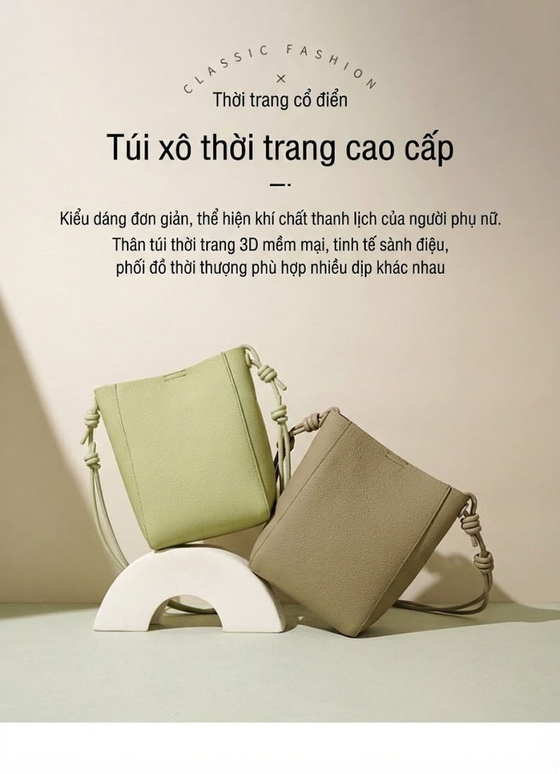 Túi Tote Nữ Da Bò Đeo Vai Đeo Chéo Dây Rút Điều Chỉnh Màu Kem, Xanh Lá, Tím, Nâu chi tiết 1