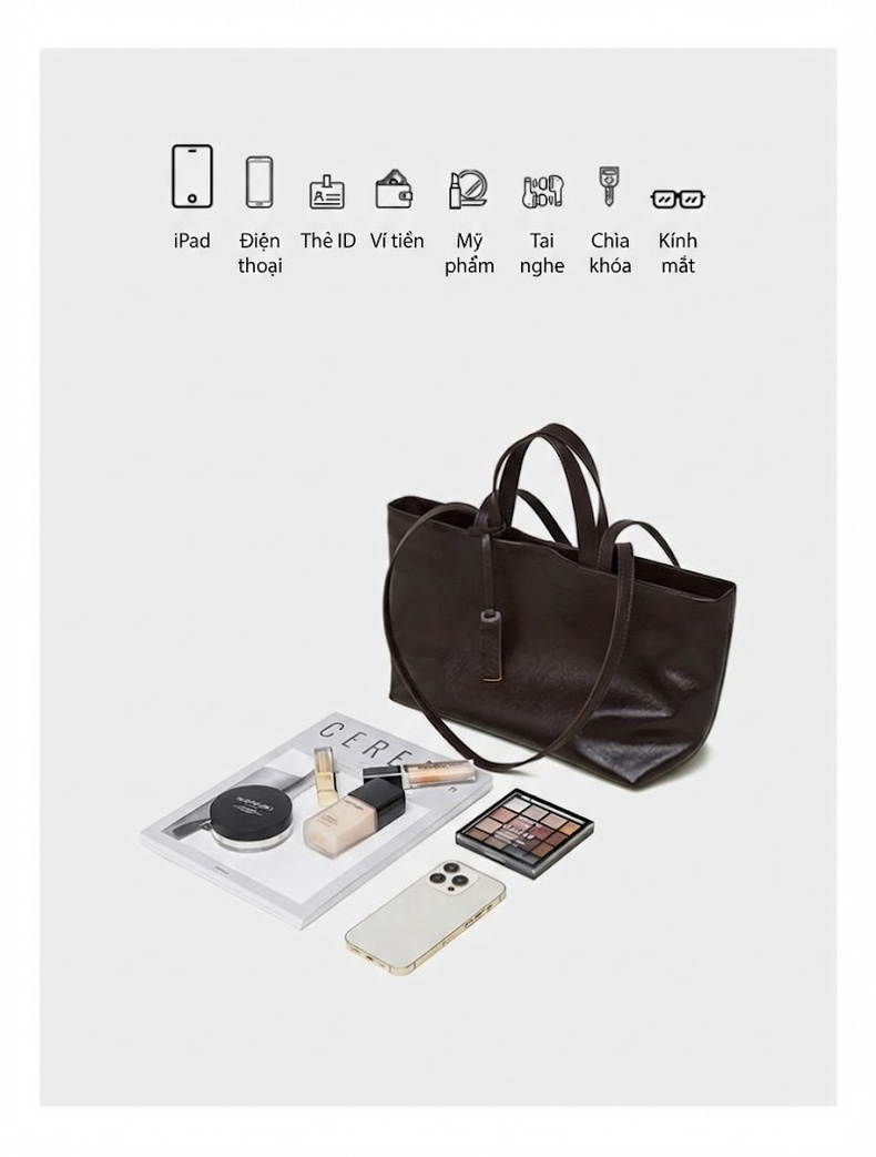 Túi Tote Nữ Da Bò Đeo Vai/Đeo Chéo/Kẹp Nách Cỡ Lớn Phong Cách Retro Màu Đen, Nâu chi tiết 11