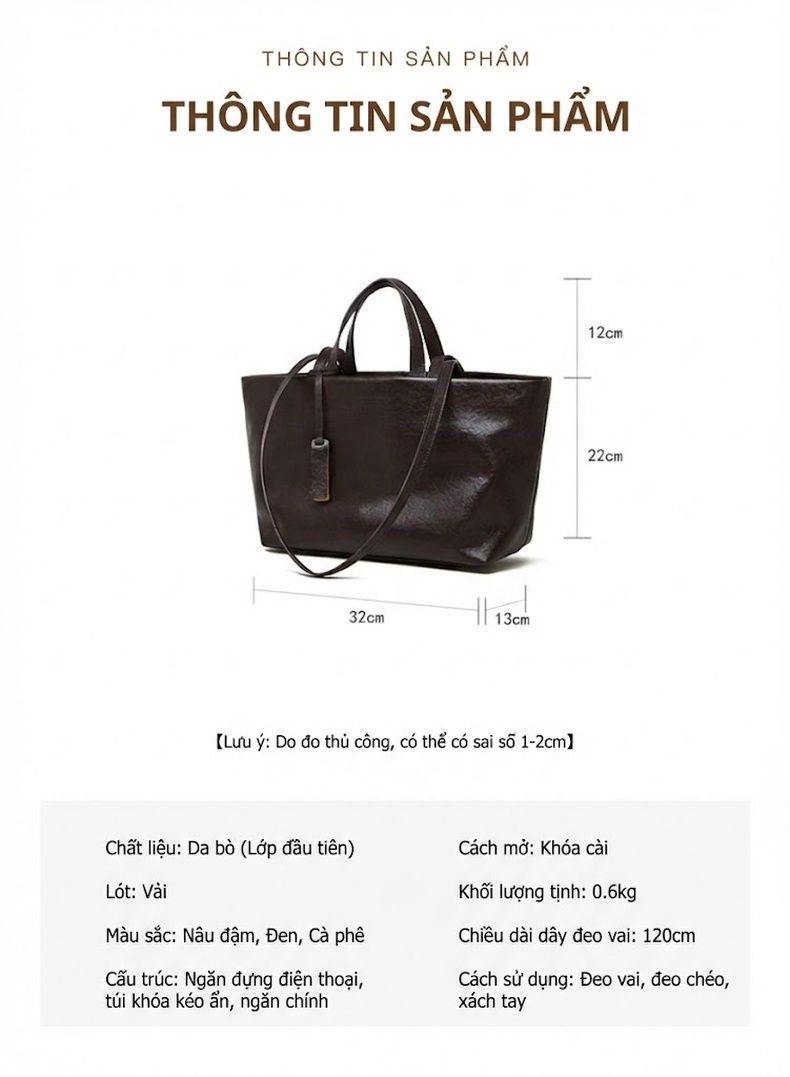 Túi Tote Nữ Da Bò Đeo Vai/Đeo Chéo/Kẹp Nách Cỡ Lớn Phong Cách Retro Màu Đen, Nâu chi tiết 8