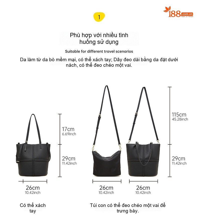 Túi Tote Nữ Da Bò Đeo Vai/Xách Tay/Đeo Chéo Phong Cách Retro Màu Nâu, Đen chi tiết 9