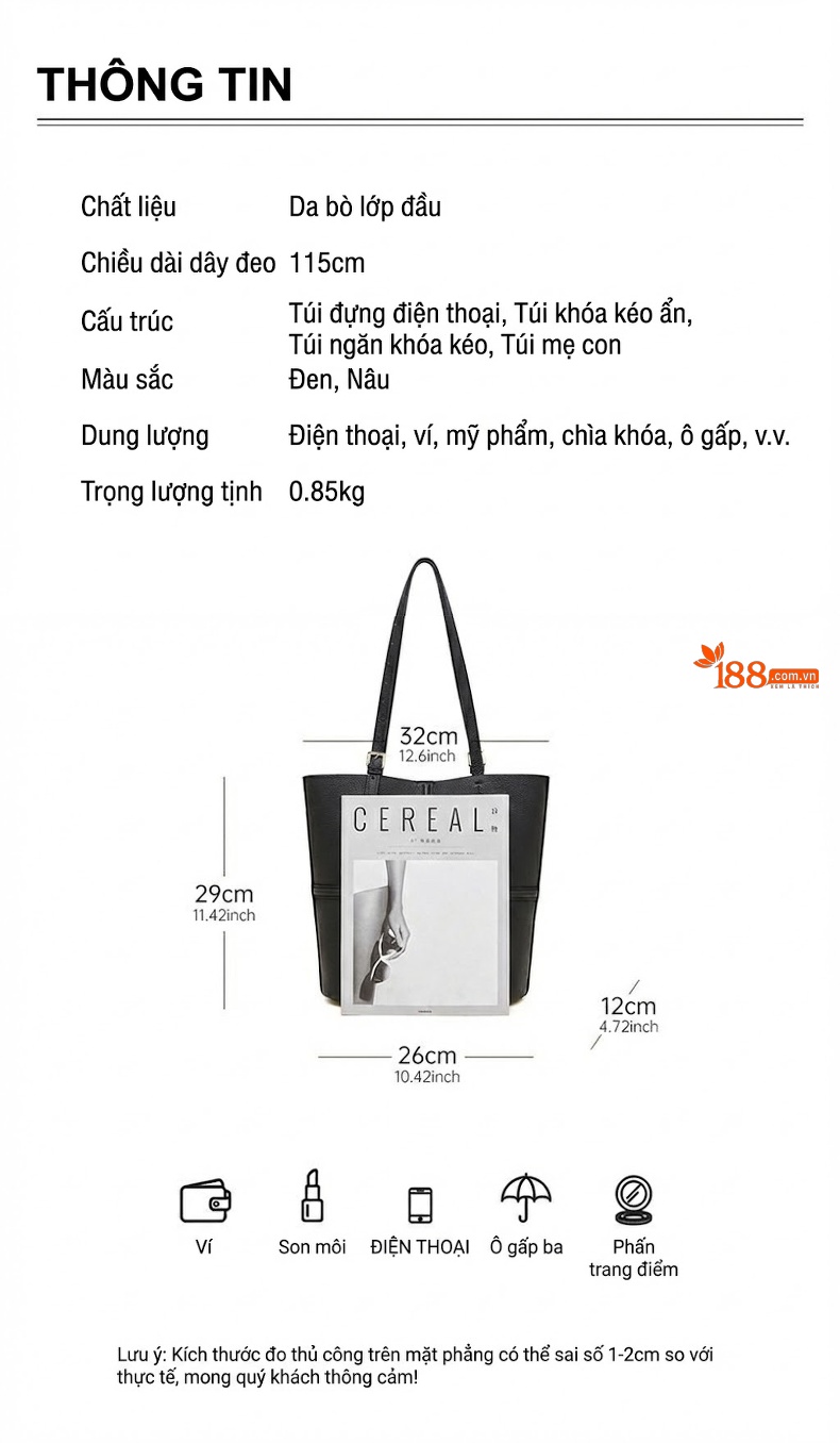 Túi Tote Nữ Da Bò Đeo Vai/Xách Tay/Đeo Chéo Phong Cách Retro Màu Nâu, Đen chi tiết 5